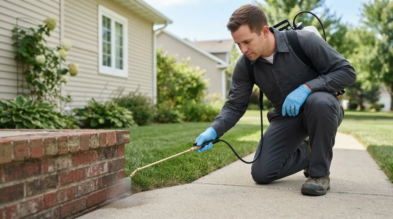 Pest control technician treating a home near Isom, KY